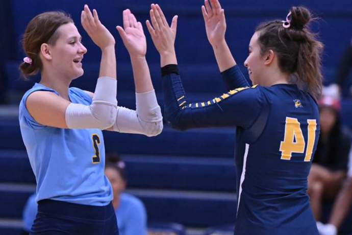 Two Texas Wesleyan volleyball players in uniform high-fiving after a point